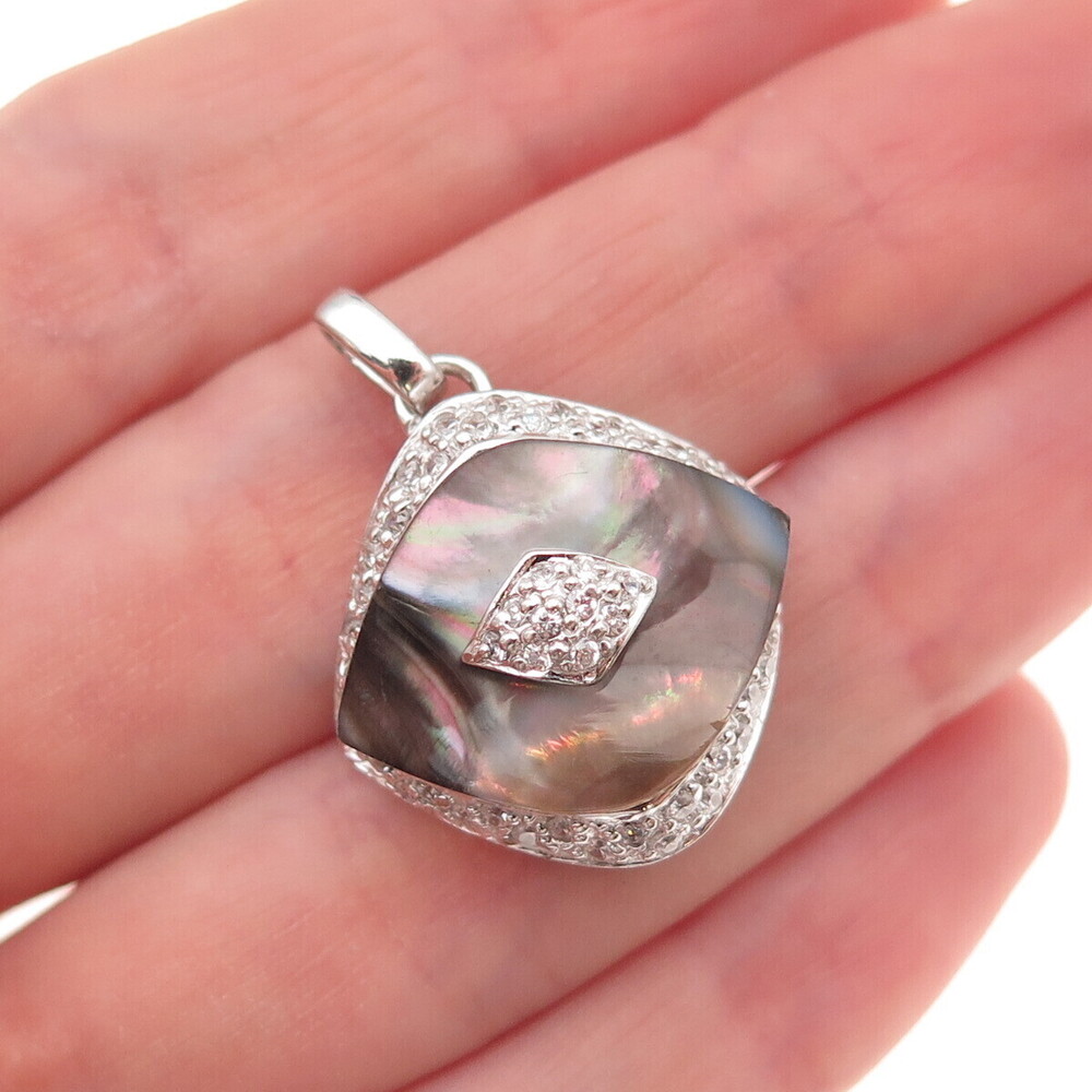 Han 925 Sterling Silver Real Abalone Shell & C Z Evil Eye Charm Pendant